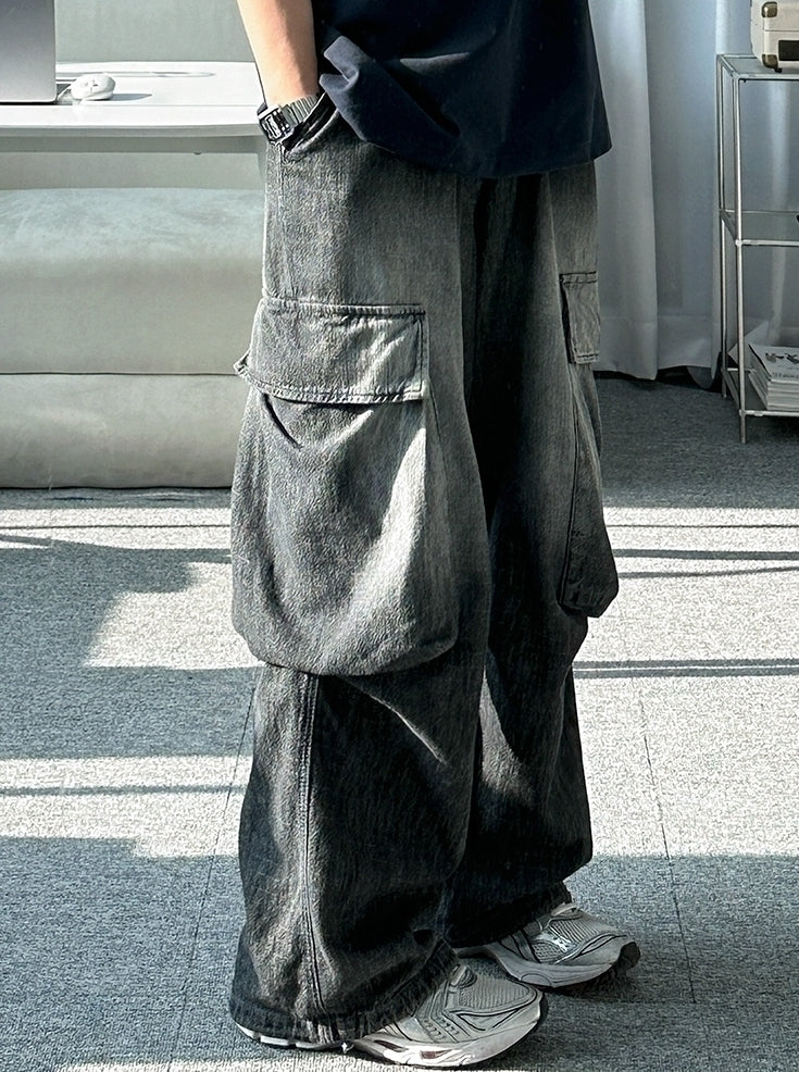 Vintage Washed Straight Leg Loose Denim Cargo Pants