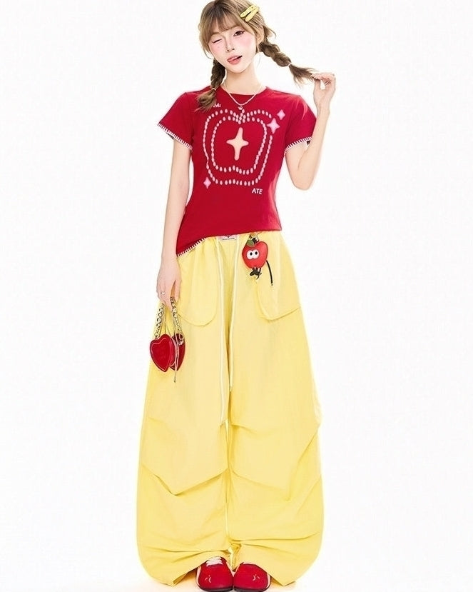 Vintage Yellow Drawstring Wide Leg Casual Pants
