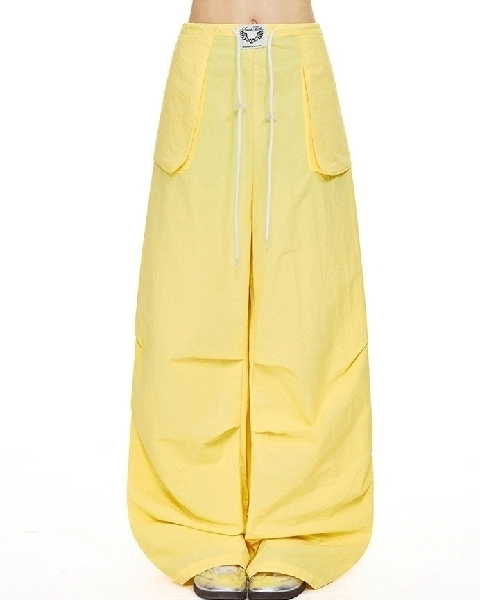 Vintage Yellow Drawstring Wide Leg Casual Pants