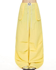 Vintage Yellow Drawstring Wide Leg Casual Pants