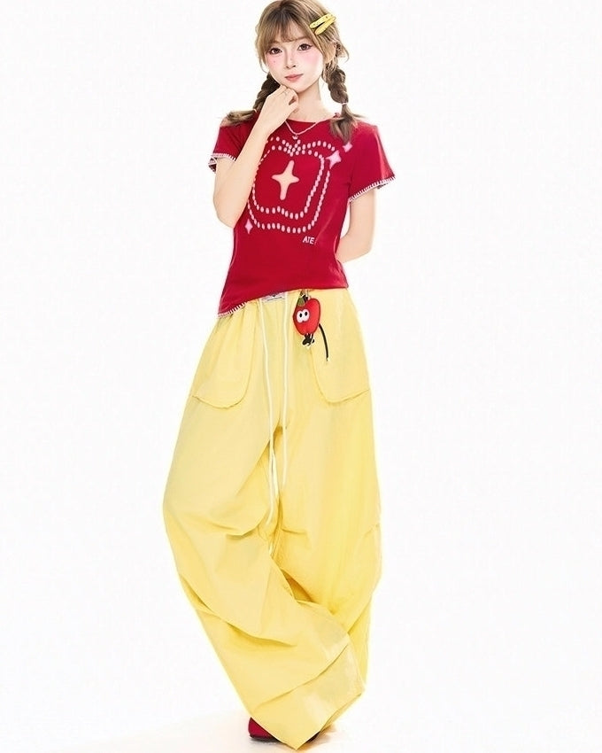 Vintage Yellow Drawstring Wide Leg Casual Pants