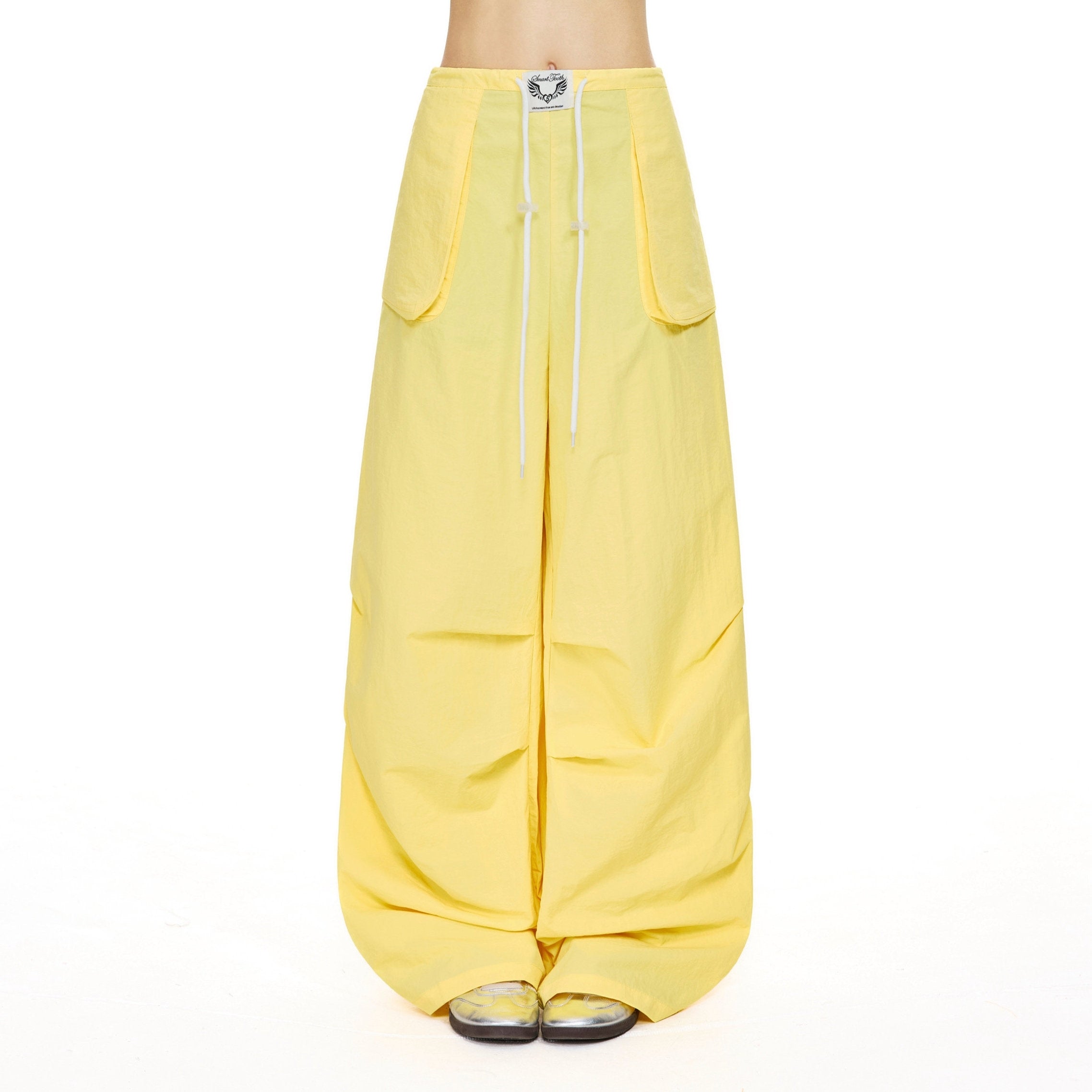 Vintage Yellow Drawstring Wide Leg Casual Pants