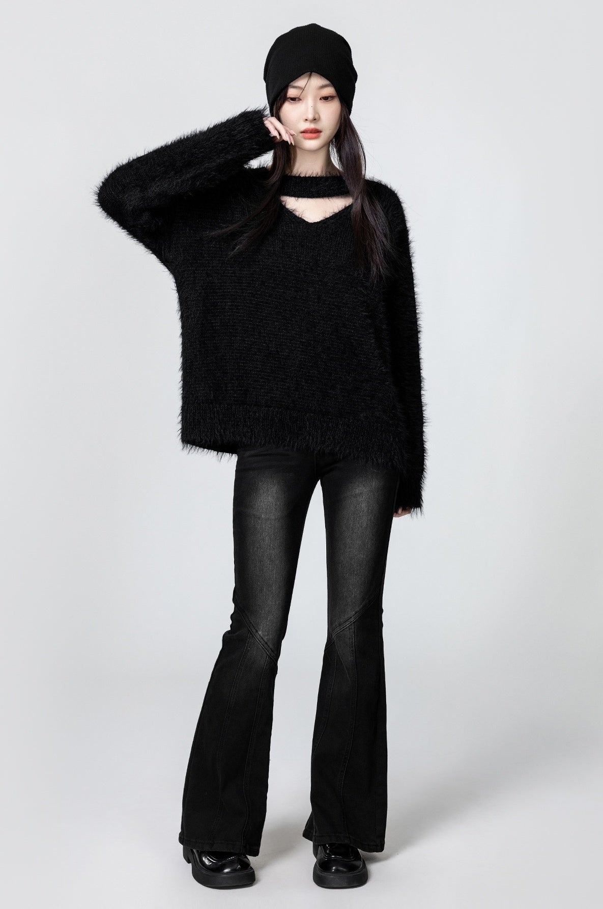 Vneck Alpaca Sweater Black Knitwear