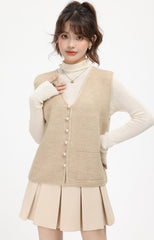Beige Knitted V-Neck Cardigan Vest