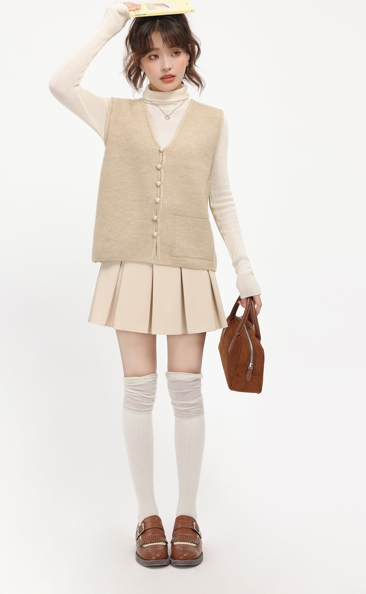 Beige Knitted V-Neck Cardigan Vest