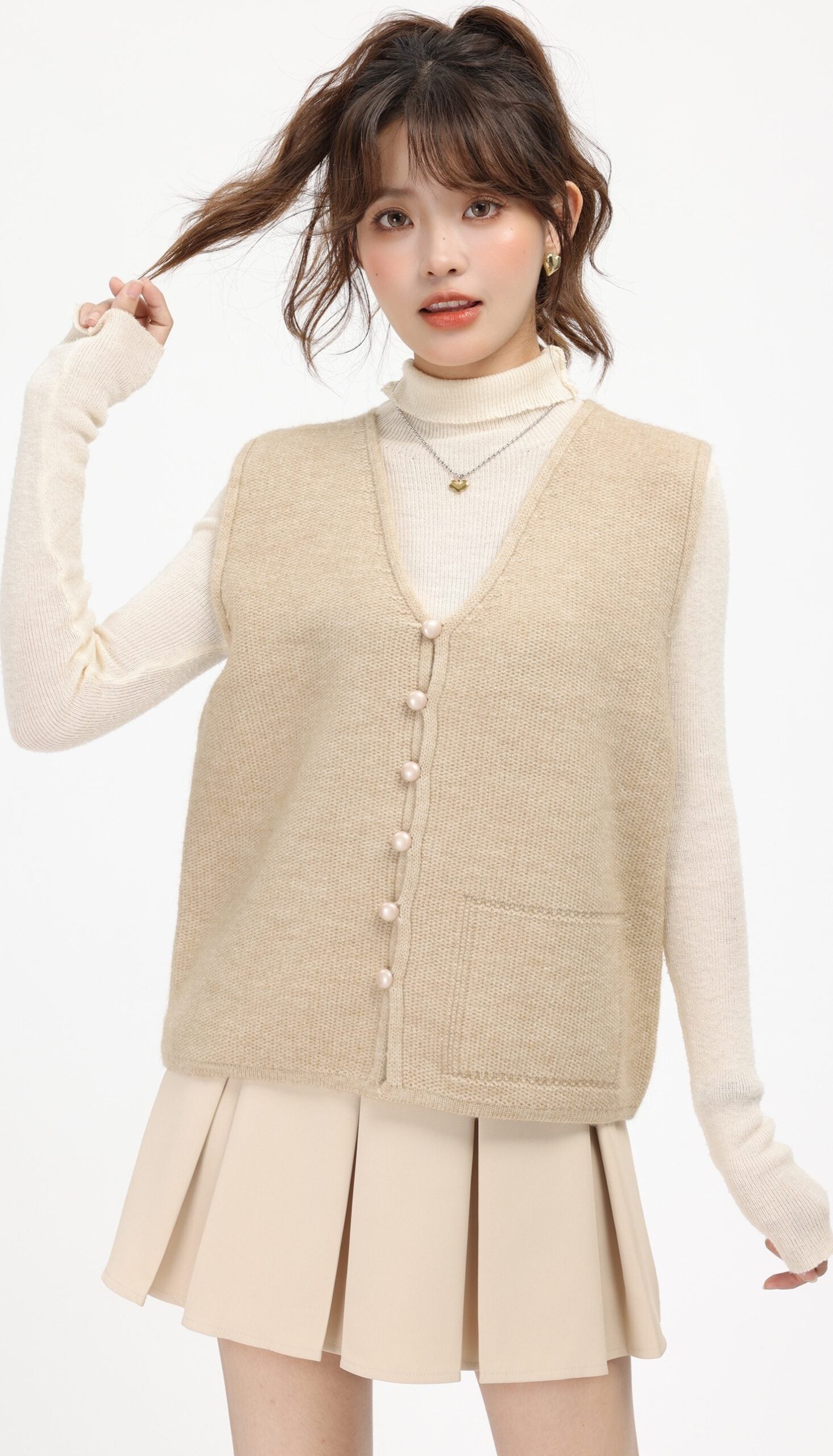 Beige Knitted V-Neck Cardigan Vest