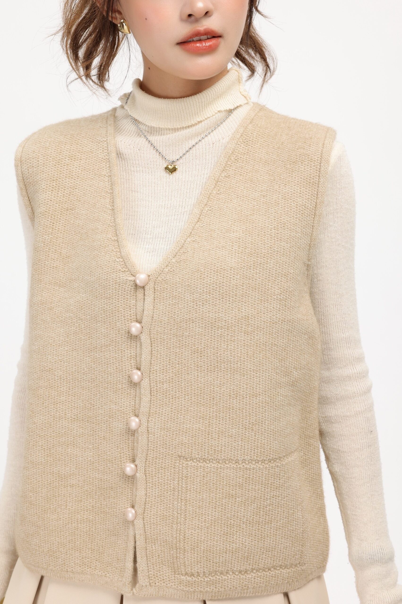 Beige Knitted V-Neck Cardigan Vest