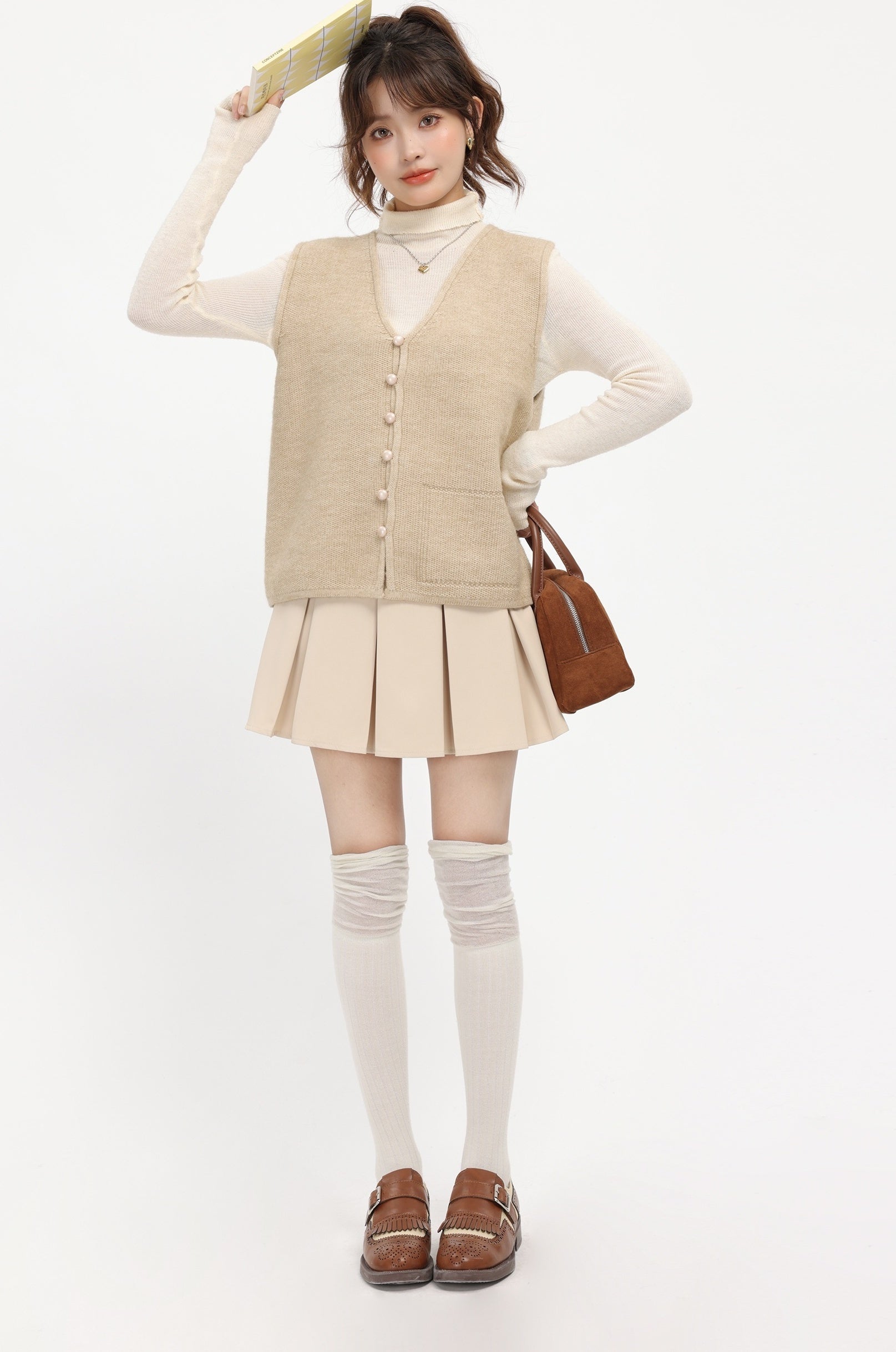 Beige Knitted V-Neck Cardigan Vest