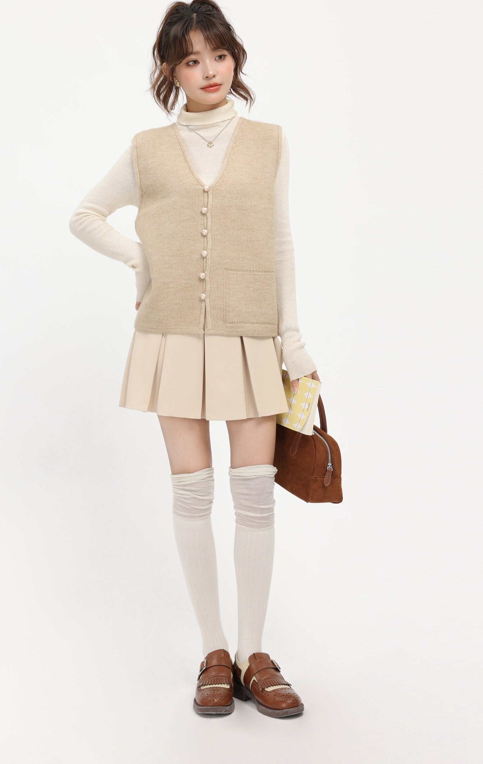 Beige Knitted V-Neck Cardigan Vest