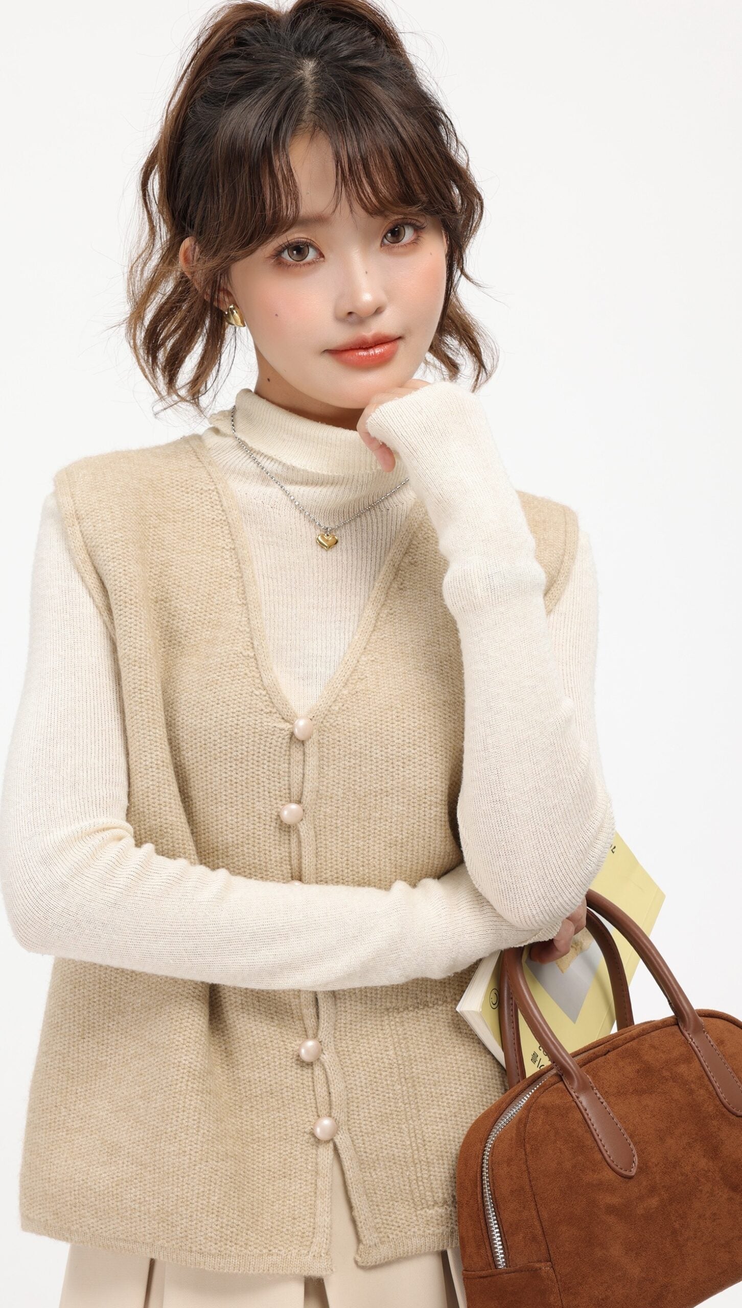 Beige Knitted V-Neck Cardigan Vest