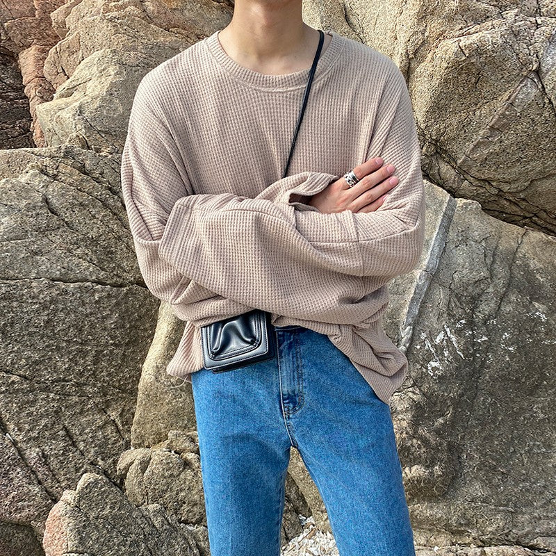 Waffle Knit Long Sleeve Crewneck Sweatshirt