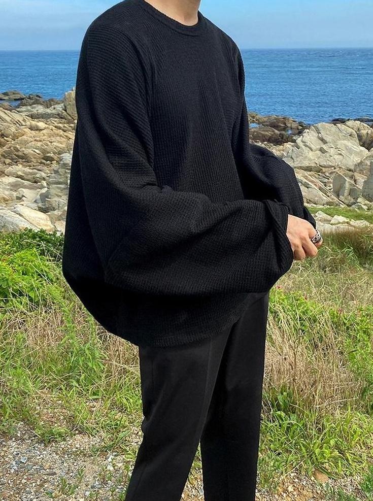 Waffle Knit Long Sleeve Crewneck Sweatshirt