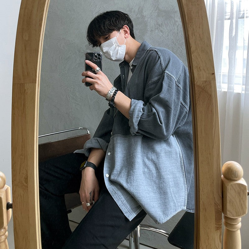 Washed Denim Patchwork Casual Shirt