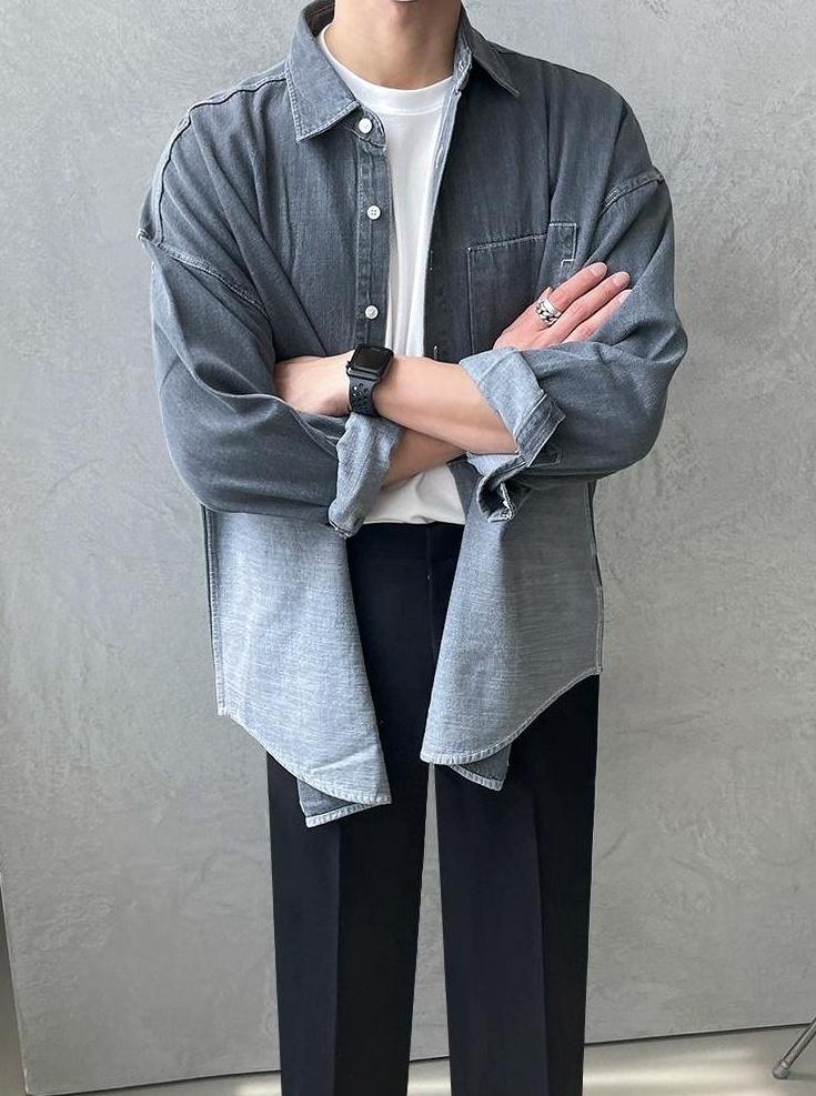 Washed Denim Patchwork Casual Shirt