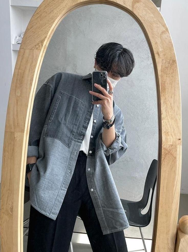 Washed Denim Patchwork Casual Shirt