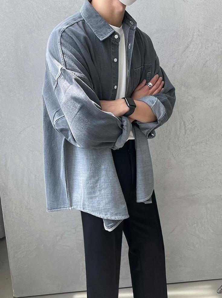 Washed Denim Patchwork Casual Shirt