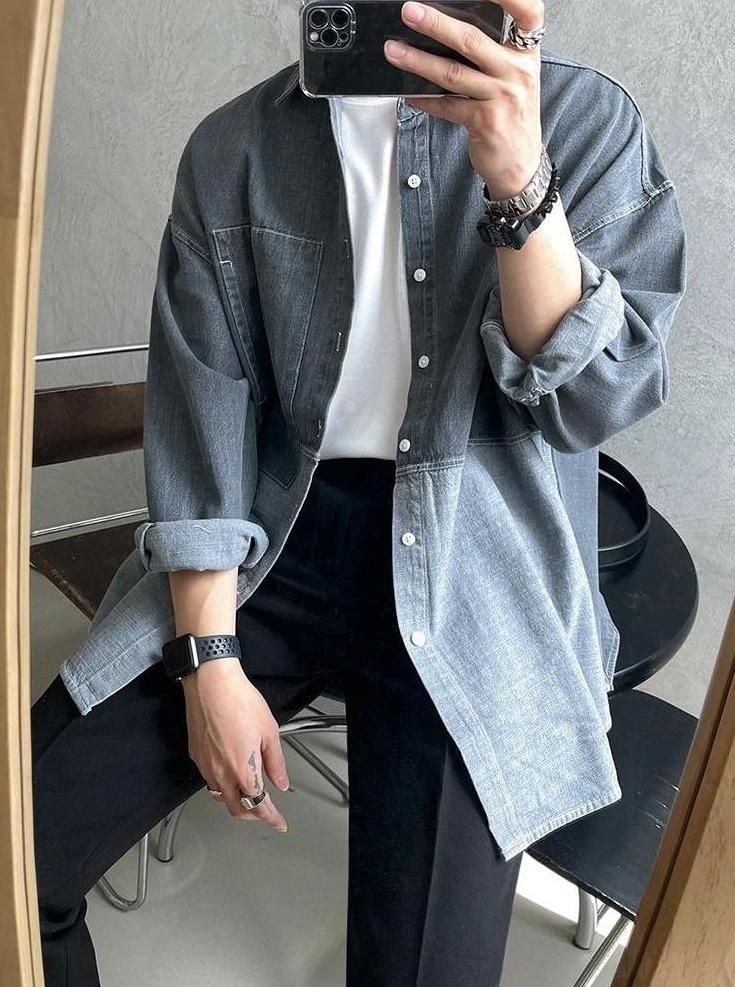 Washed Denim Patchwork Casual Shirt