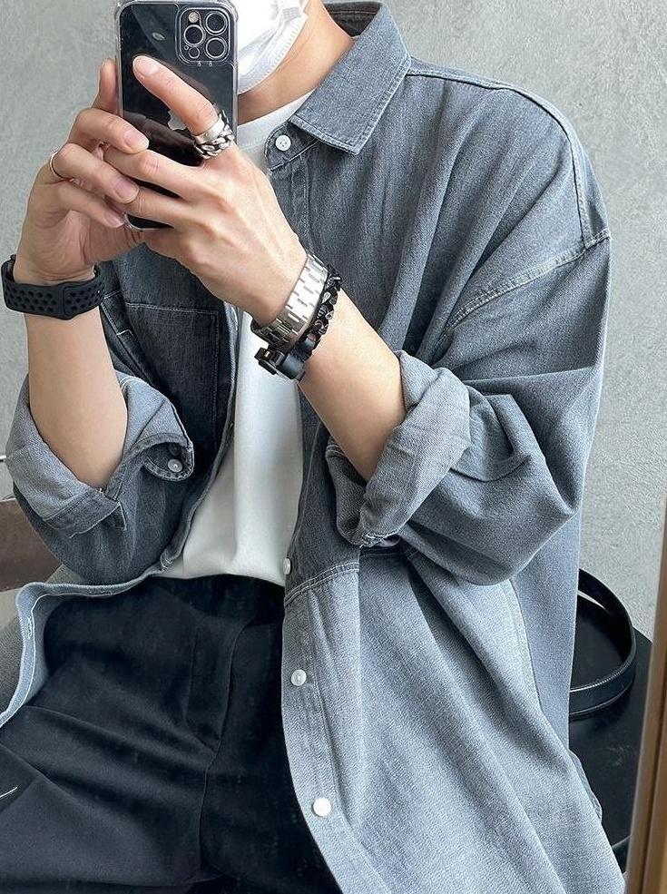 Washed Denim Patchwork Casual Shirt