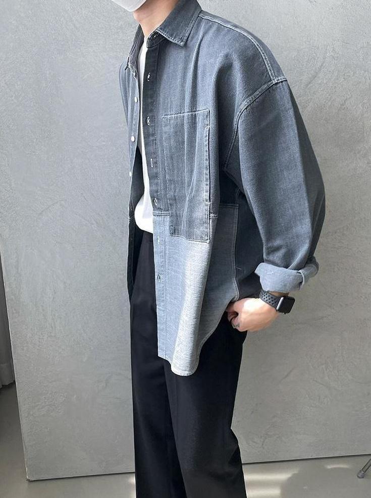 Washed Denim Patchwork Casual Shirt