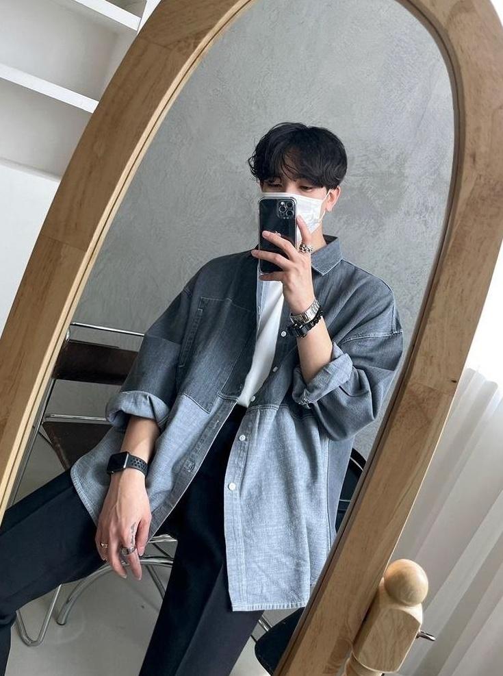 Washed Denim Patchwork Casual Shirt