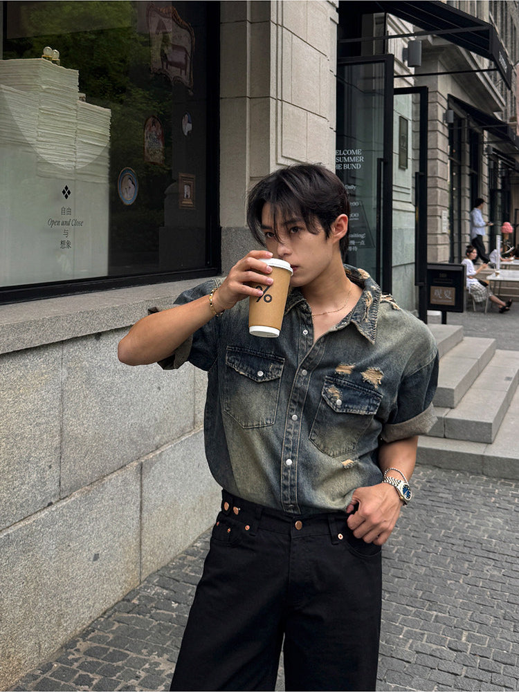 Washed Classic Denim Short Sleeve Shirt