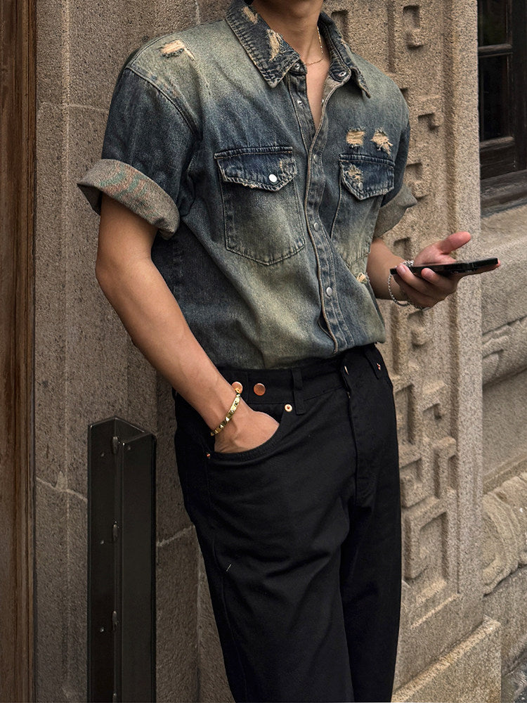 Washed Classic Denim Short Sleeve Shirt