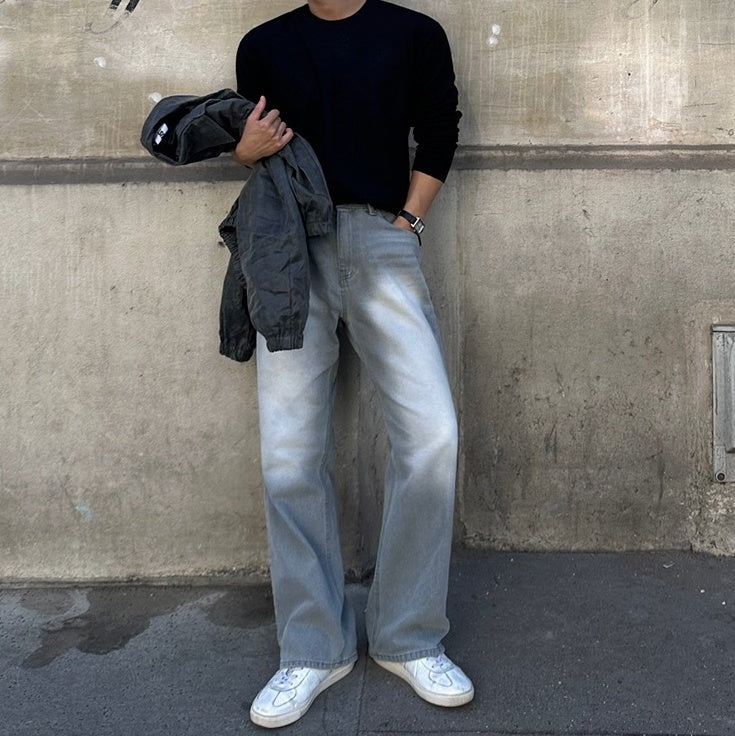 Washed Straight Fit Trendy Denim Pants