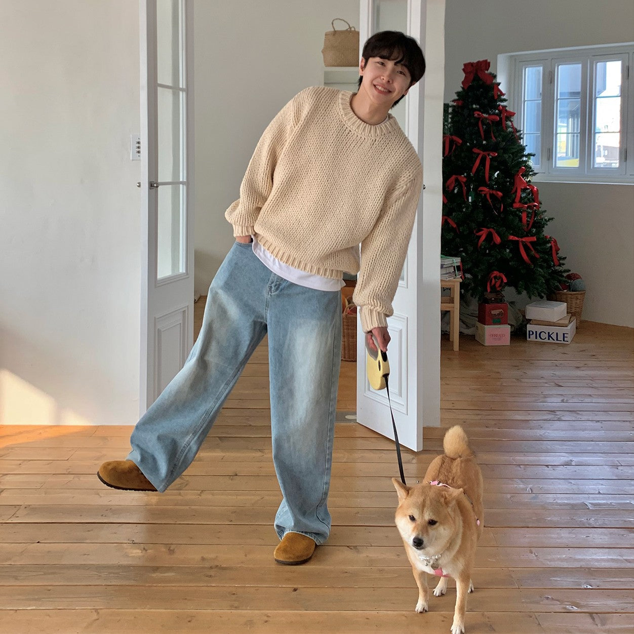 Washed Straight Leg Denim Casual Pants