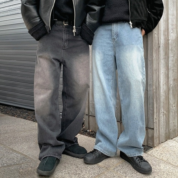Washed Straight Leg Denim Casual Pants