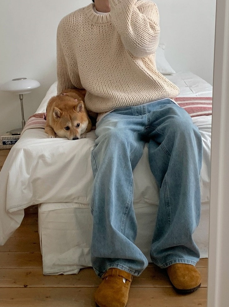 Washed Straight Leg Denim Casual Pants