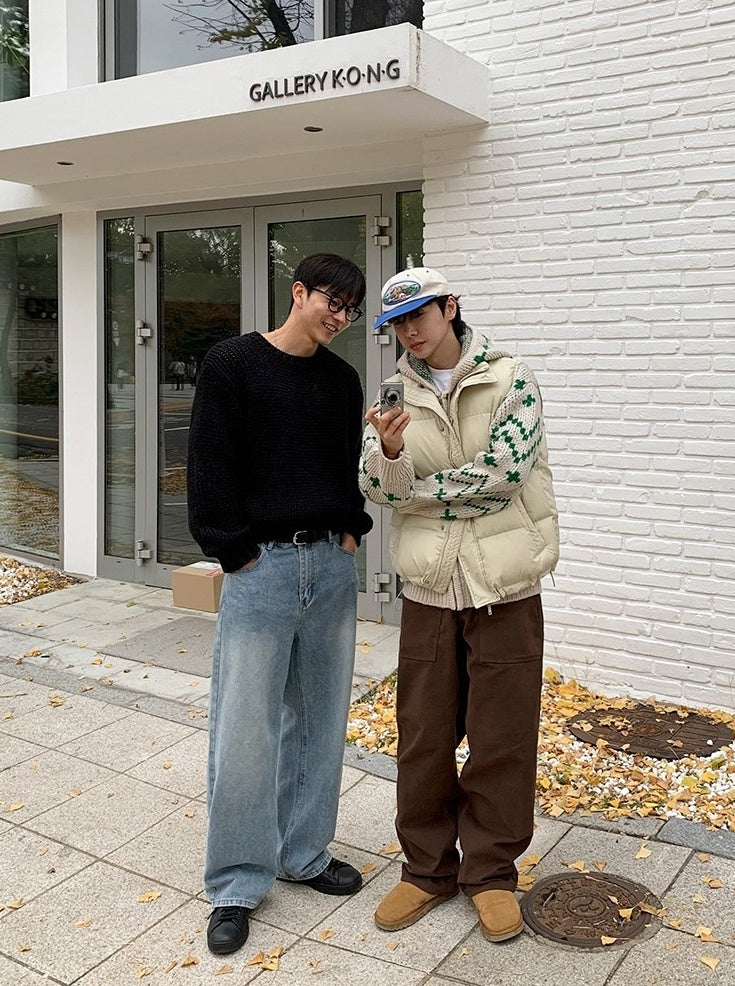Washed Straight Leg Denim Casual Pants