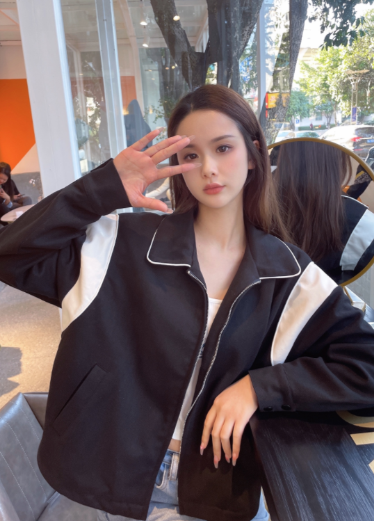 Black Polo Collar Zip Up Jacket