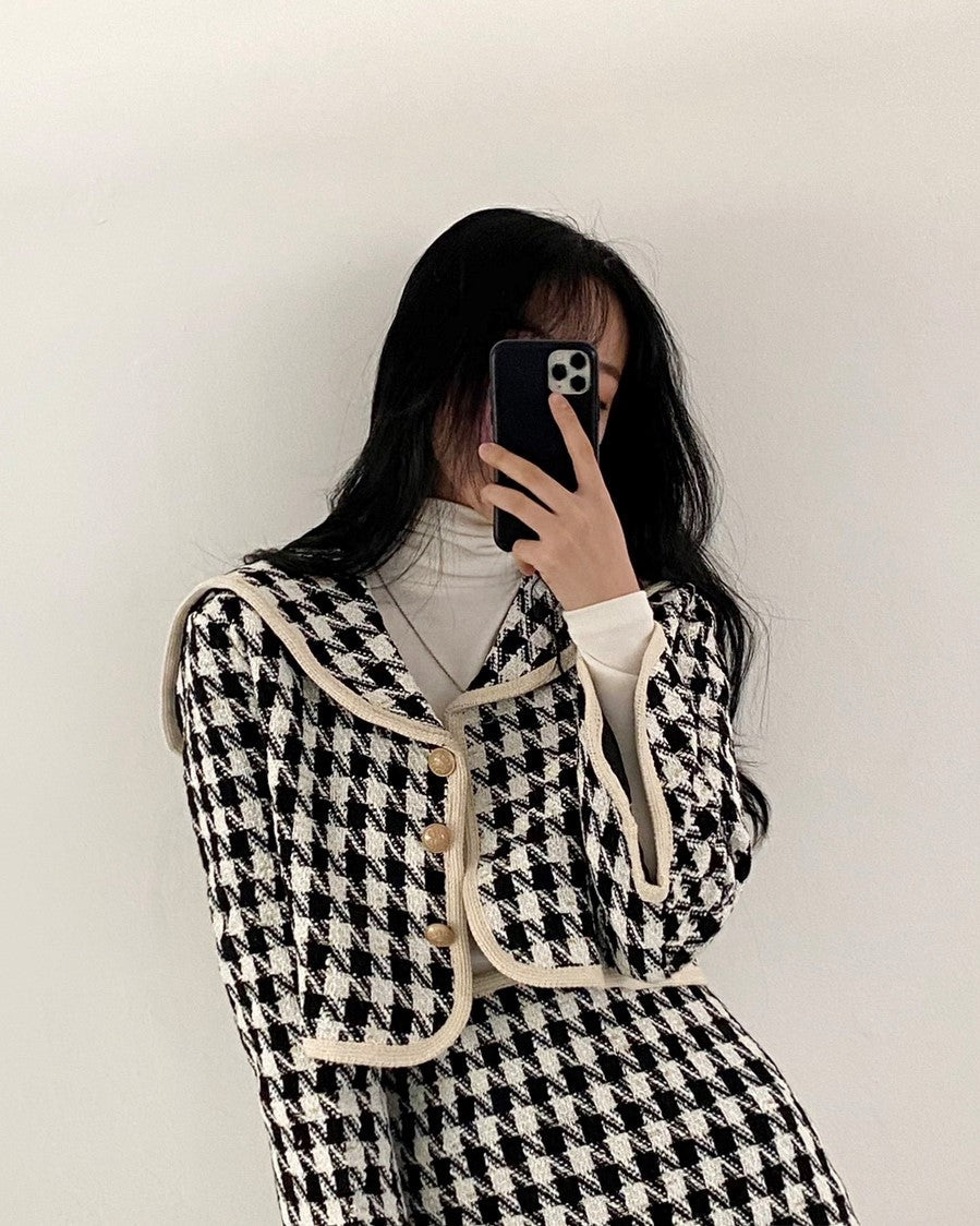 White And Black Sailor Collar Tweed Jacket