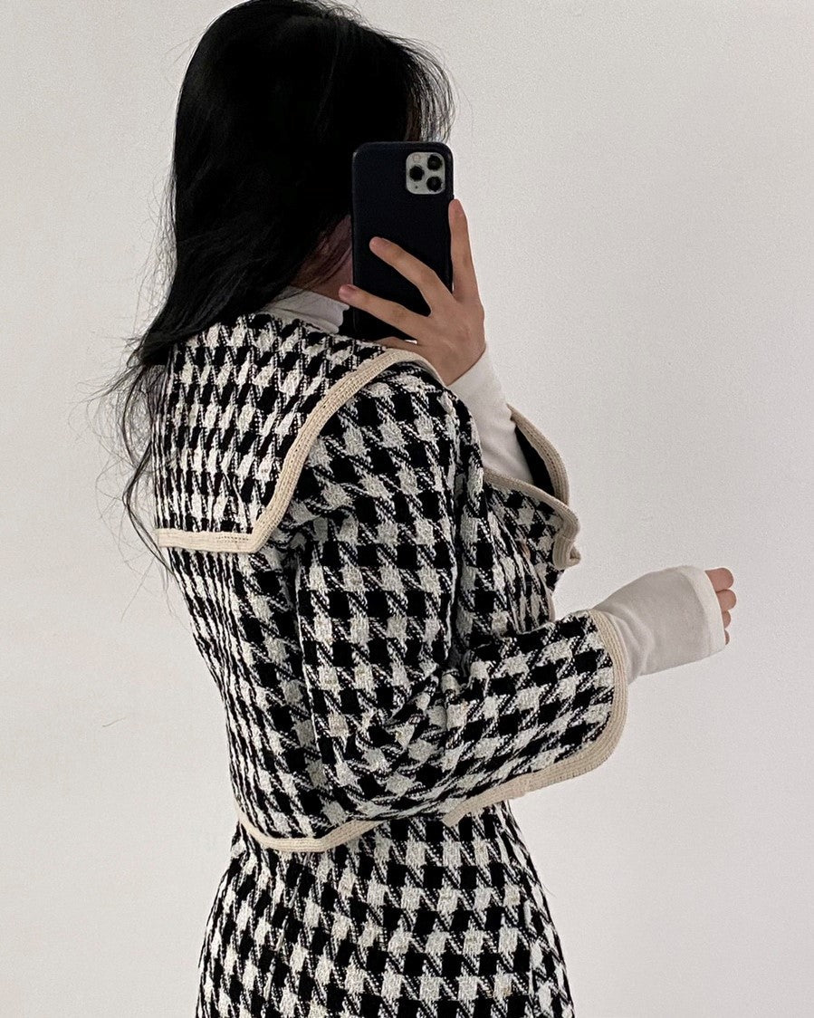 White And Black Sailor Collar Tweed Jacket