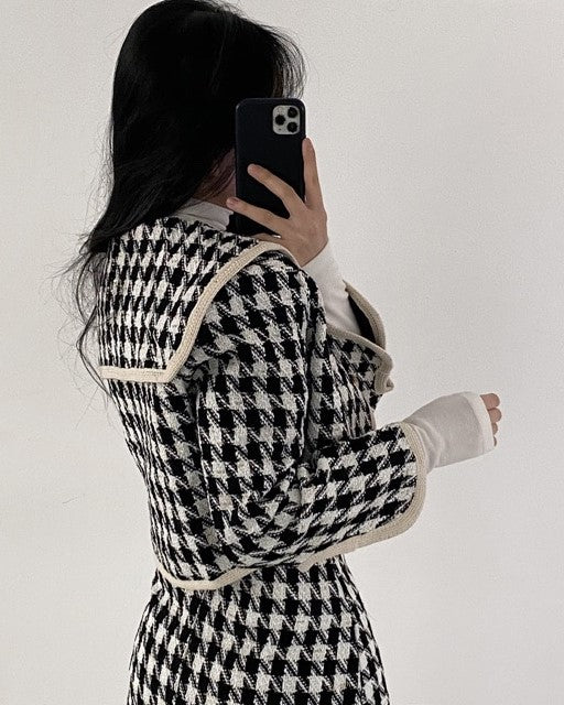 White And Black Sailor Collar Tweed Jacket
