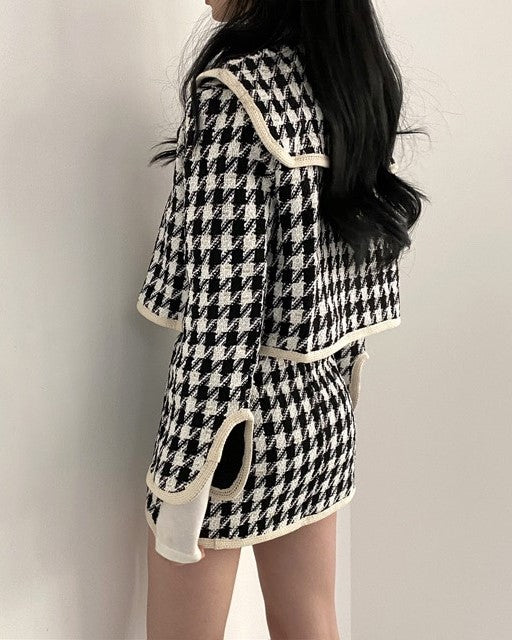 White And Black Sailor Collar Tweed Jacket