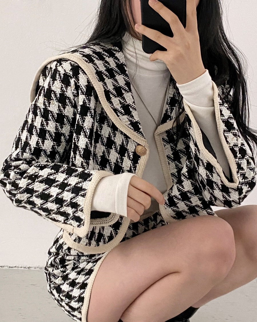 White And Black Sailor Collar Tweed Jacket