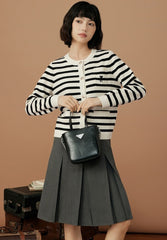 White And Black Stripes Round Neck Cardigan