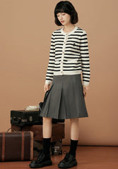 White And Black Stripes Round Neck Cardigan
