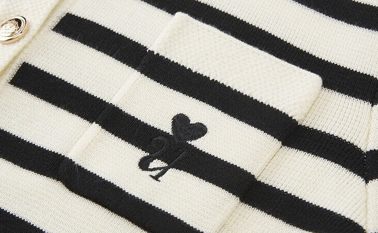 White And Black Stripes Round Neck Cardigan