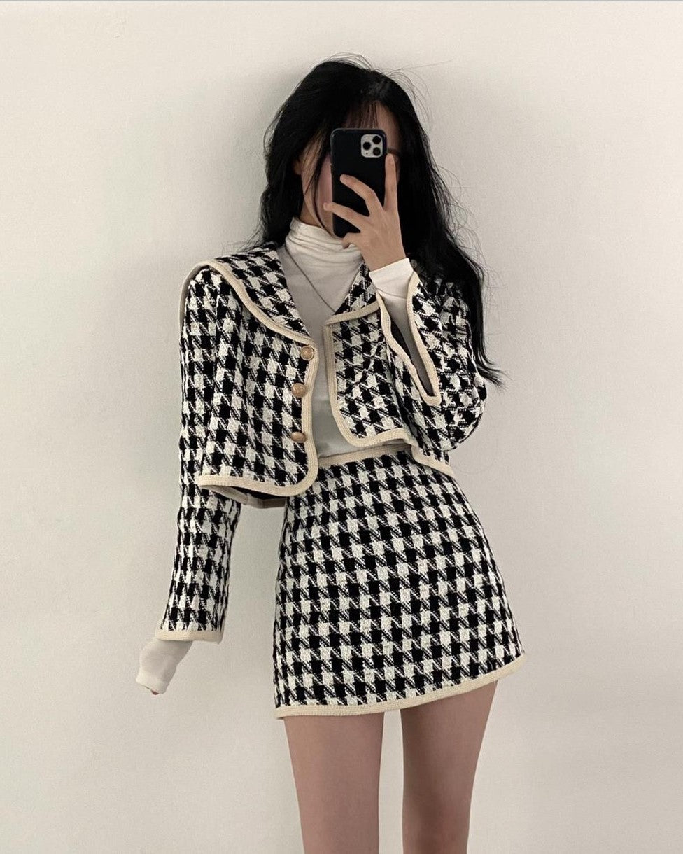 White And Black Sailor Collar Tweed Jacket