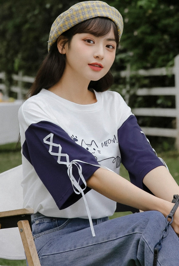 White And Blue Cat T-Shirt With Lace Up Sleeves