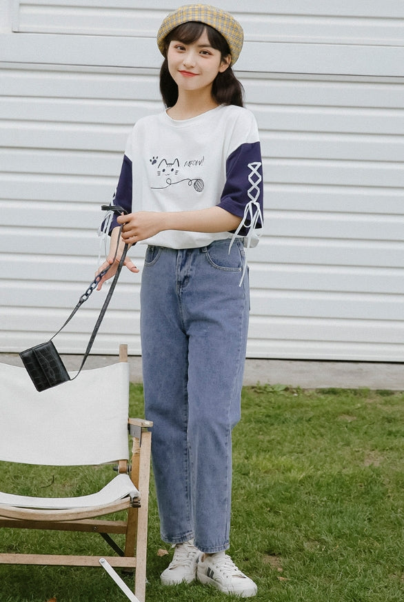 White And Blue Cat T-Shirt With Lace Up Sleeves