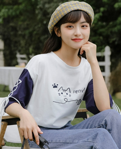 White And Blue Cat T-Shirt With Lace Up Sleeves