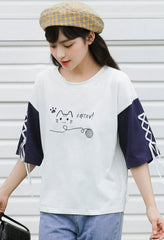 White And Blue Cat T-Shirt With Lace Up Sleeves