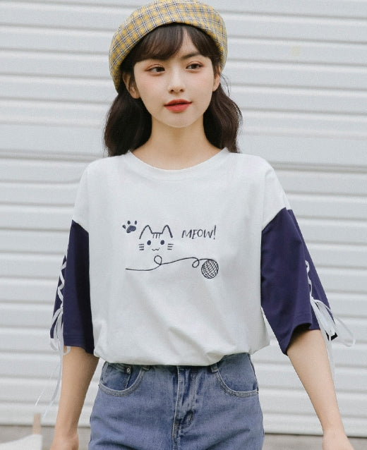 White And Blue Cat T-Shirt With Lace Up Sleeves