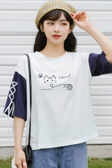 White And Blue Cat T-Shirt With Lace Up Sleeves