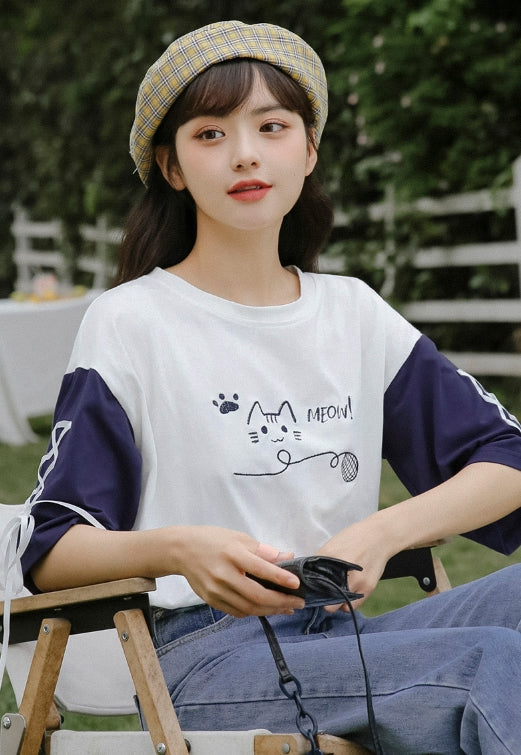 White And Blue Cat T-Shirt With Lace Up Sleeves