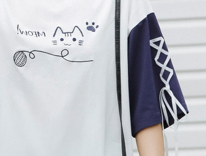 White And Blue Cat T-Shirt With Lace Up Sleeves