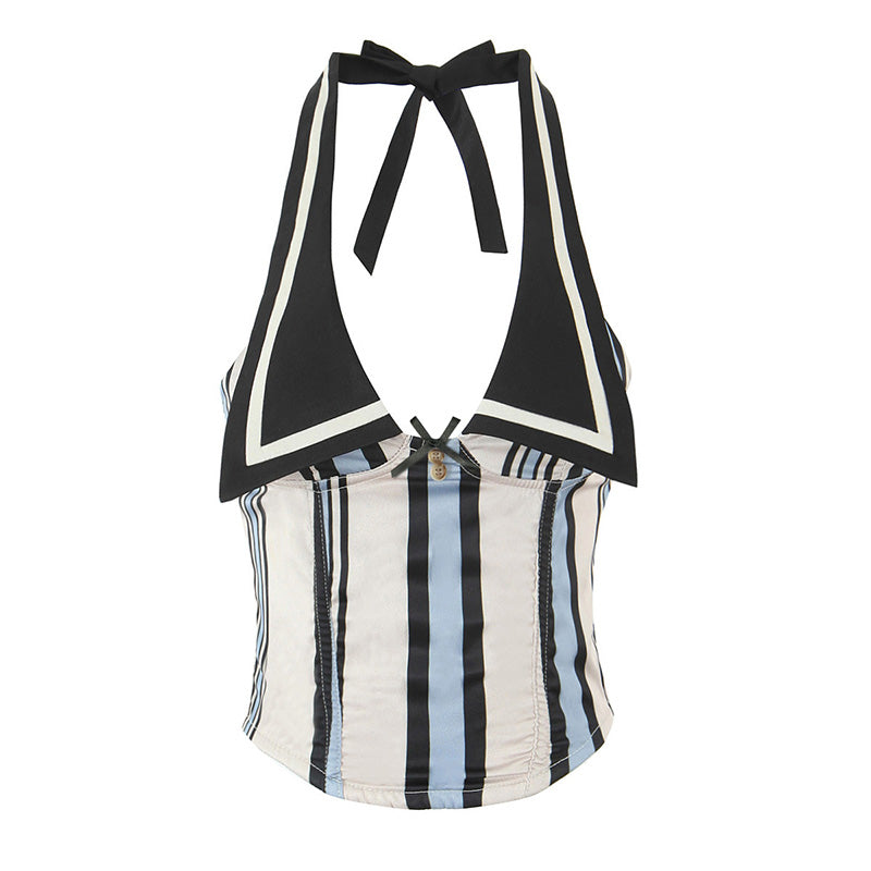White And Blue Stripe Collared Halter Top